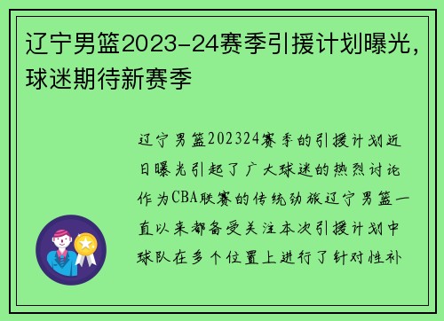 辽宁男篮2023-24赛季引援计划曝光，球迷期待新赛季